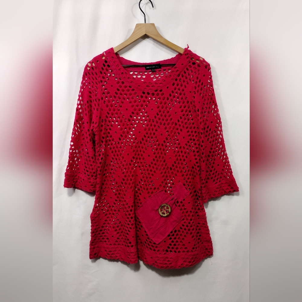 Ronnie Salloway Eyelet Knit Sweater Womens L Red Boho Retro 90s Y2K Holiday